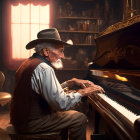 Elderly man with beard plays grand piano in warm-lit room