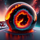 Surreal landscape with reflective sphere and fiery eye center in cosmic setting