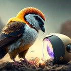 Colorful bird with owl-like head beside futuristic sphere device
