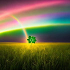 Colorful rainbow over four-leaf clover in green field with dramatic sky