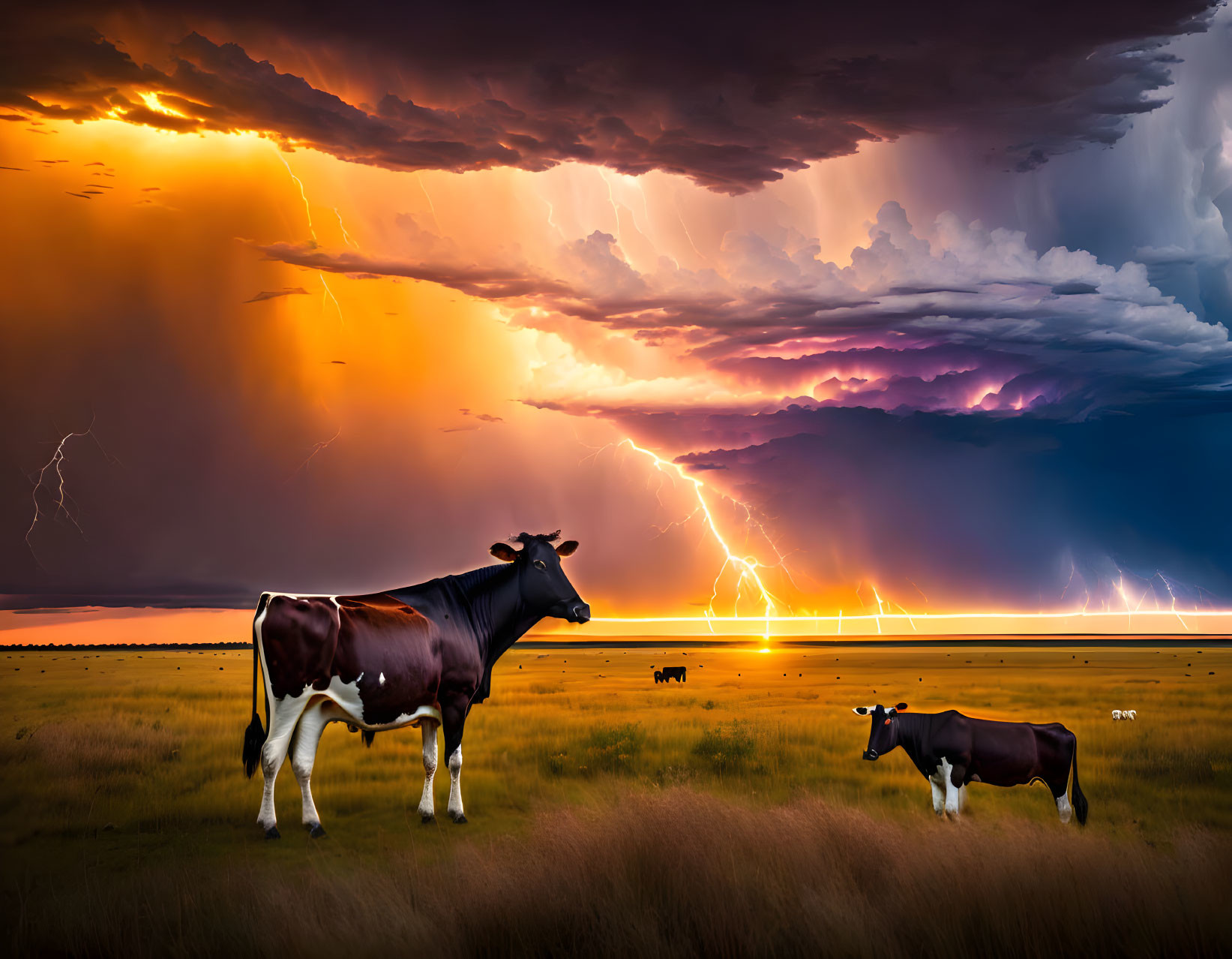 Cow and Calf in Field Under Dramatic Twilight Sky with Lightning Strikes