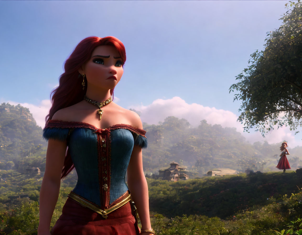 Red-haired female character in blue and gold corset in lush green landscape