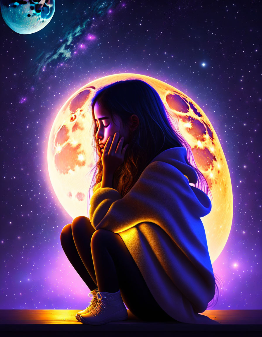 Girl sitting under vivid moon in starlit night sky