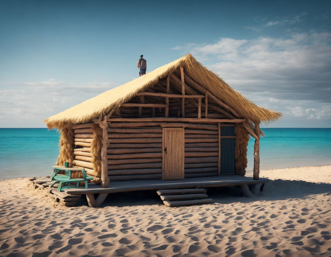 Rustic wooden hut on tranquil beach with person and sea view