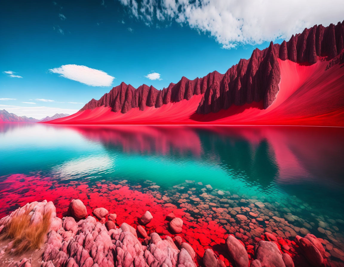 Scenic red mountains mirrored in a crystal-clear lake under a blue sky