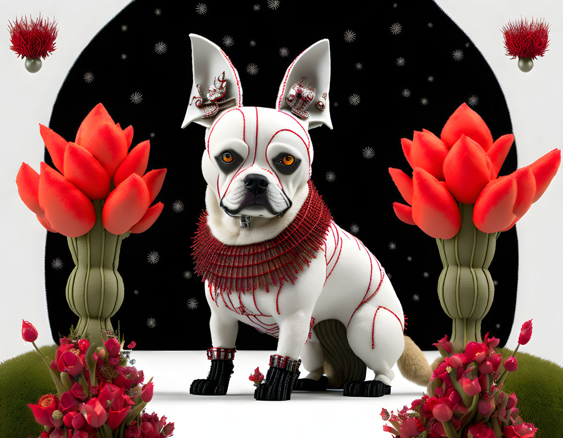 French Bulldog Illustration with Red and White Makeup and Floral Background