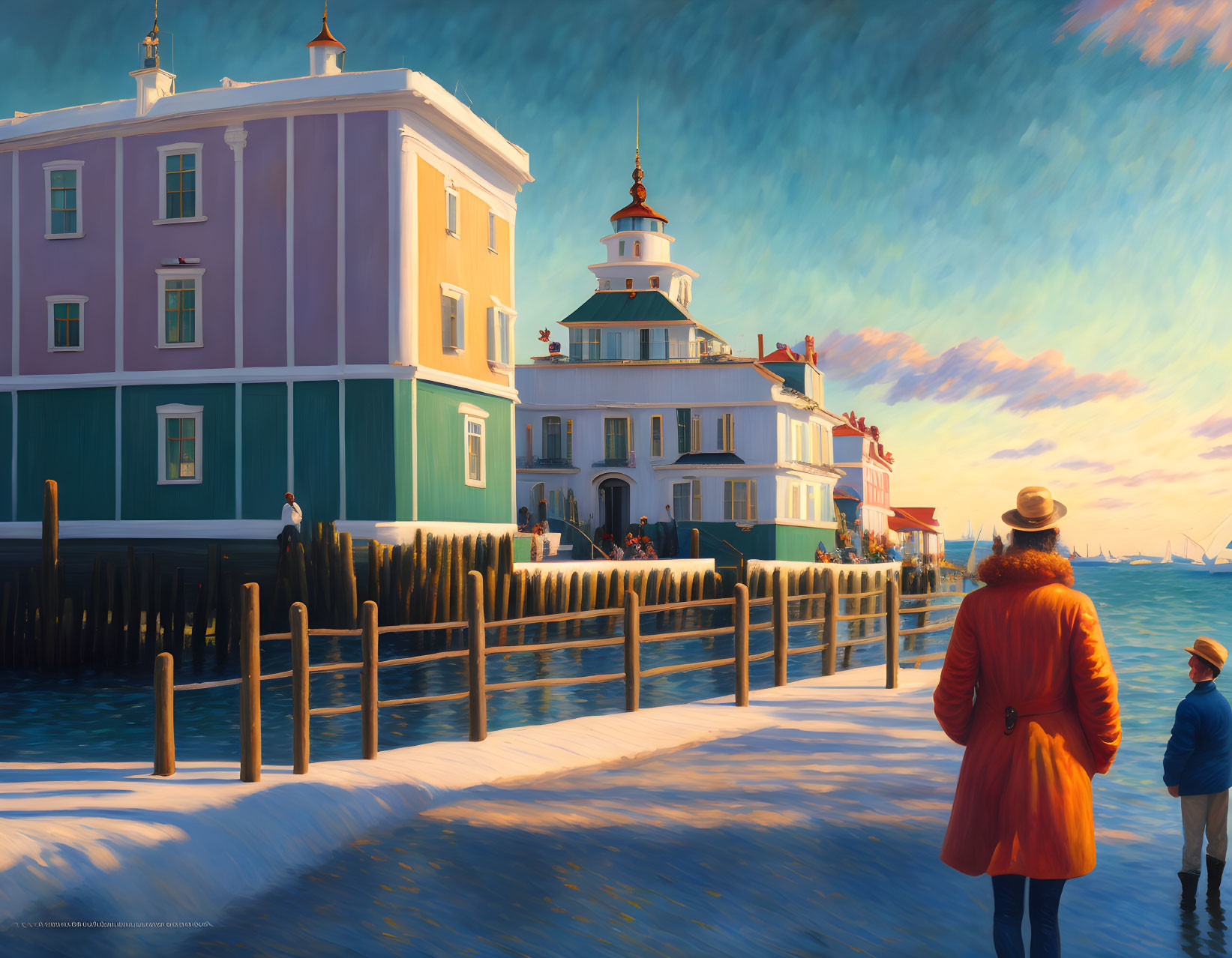 Snow-covered dock scene with people, colorful buildings, and dramatic sunset sky