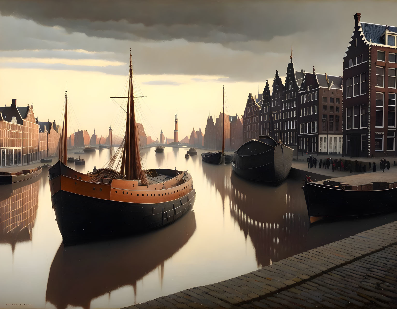 Historic Dutch Canal Scene with Boats, People, and Traditional Buildings at Sunset or Sunrise