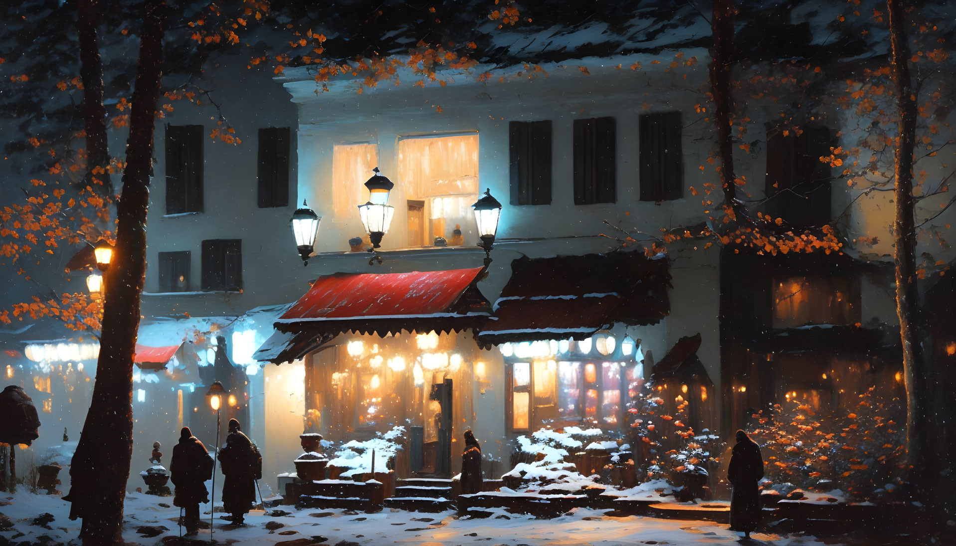 Warmly Lit House with Red Awning in Snowy Evening Scene