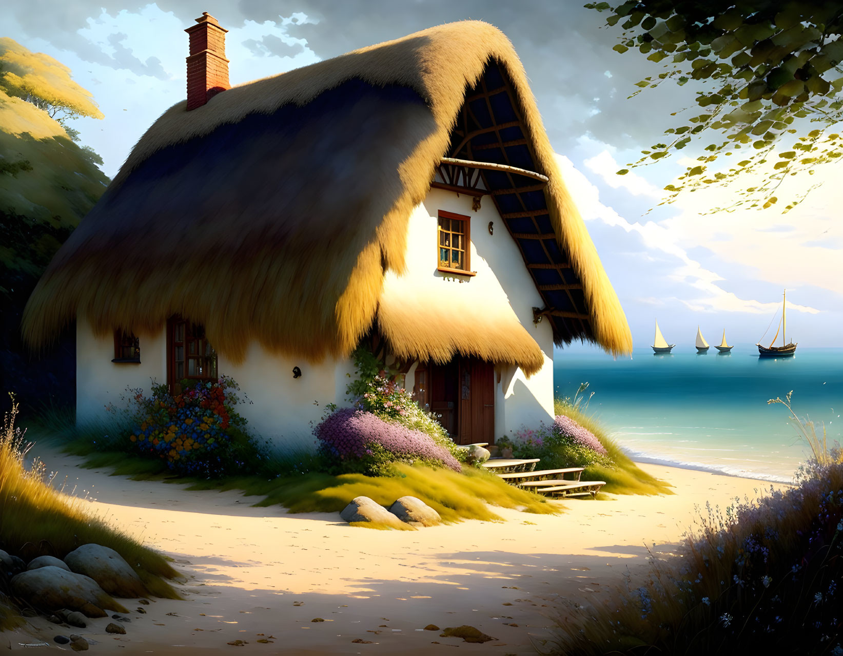 Thatched-Roof Cottage Surrounded by Beach and Greenery