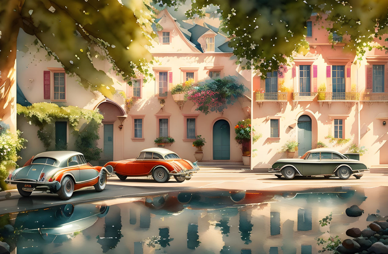 Vintage cars parked by serene pool in European street