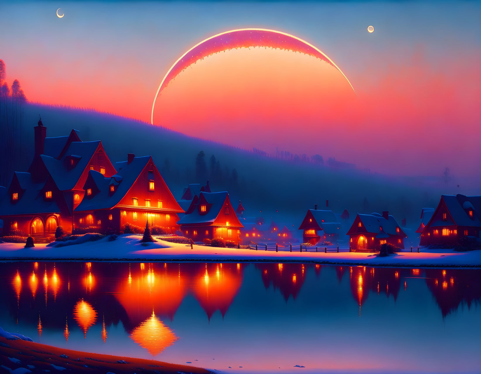 Winter village at dusk: illuminated houses, calm lake, crescent moon, ringed planet