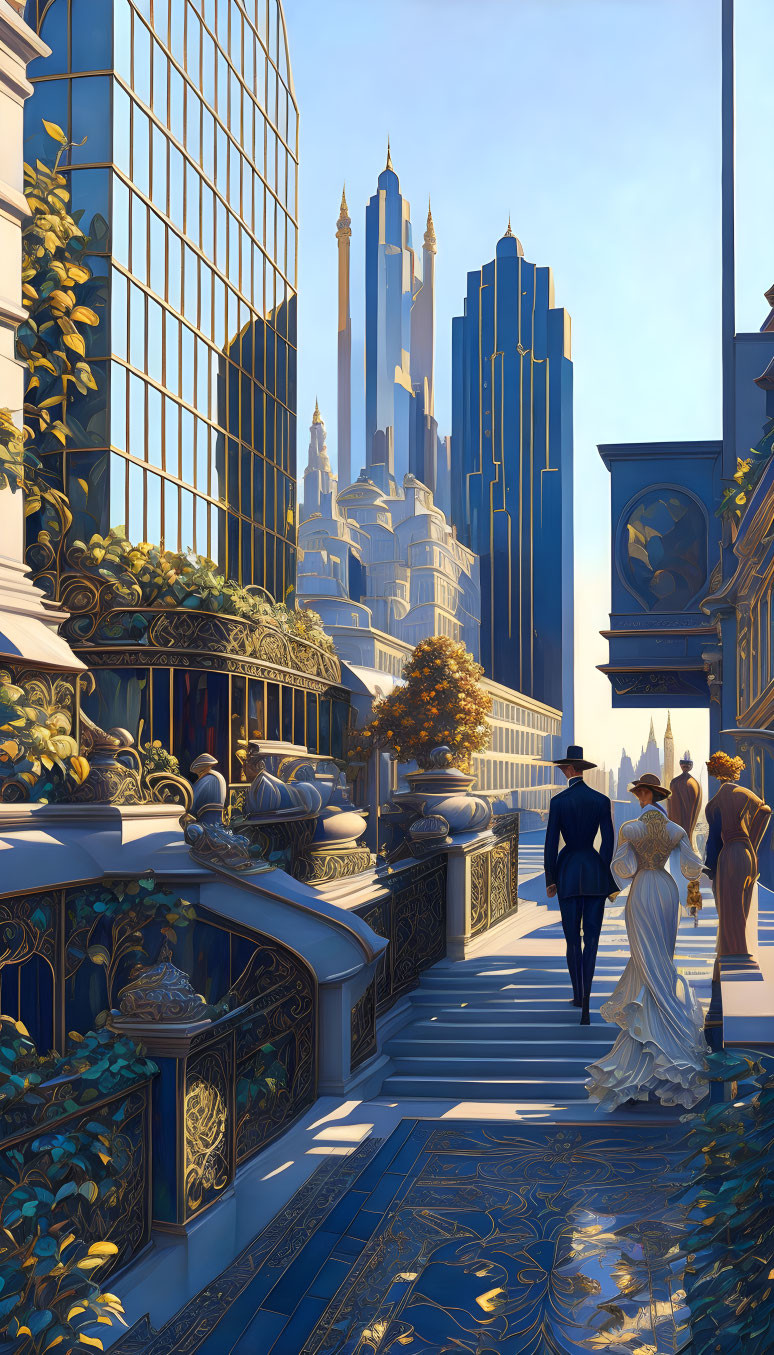 Futuristic cityscape with ornate architecture and elegant people on a sunny day