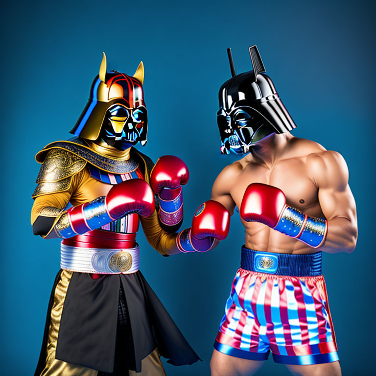 Muscular individuals in boxing pose: Egyptian pharaoh vs. Darth Vader-like helmet on blue backdrop