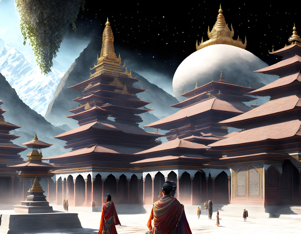 Traditional Pagoda Temple Complex Under Starry Sky with Monks and Mountains