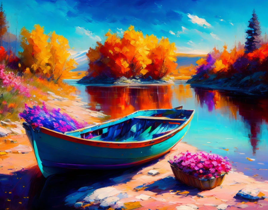 Serenity River Scene with Blue Rowboat and Autumnal Trees