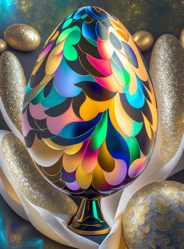 Colorful feather-patterned egg on stand with golden eggs and fabric.