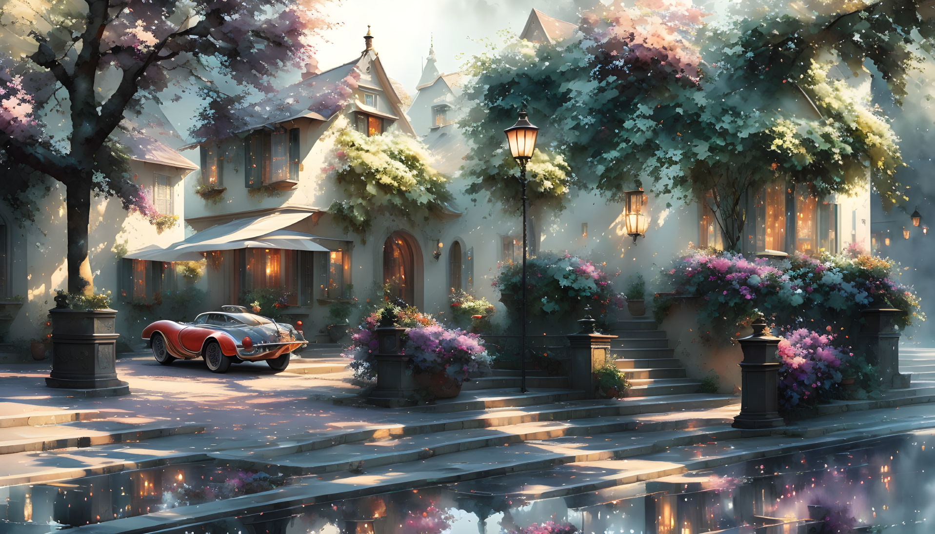 Classic Car Parked in Charming Street Scene with Blooming Flowers