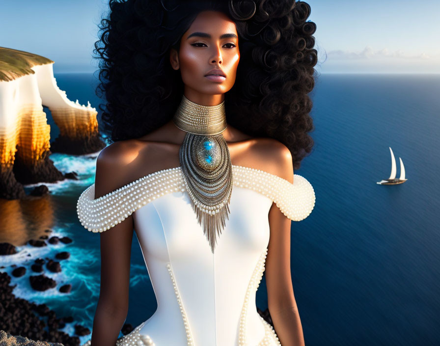 Woman with curly hair and makeup in white dress with gold necklace by ocean cliffs.