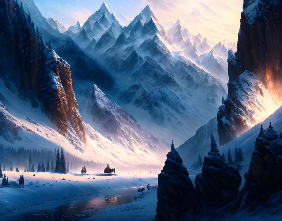 Snow-covered landscape with river and sunrise over mountains