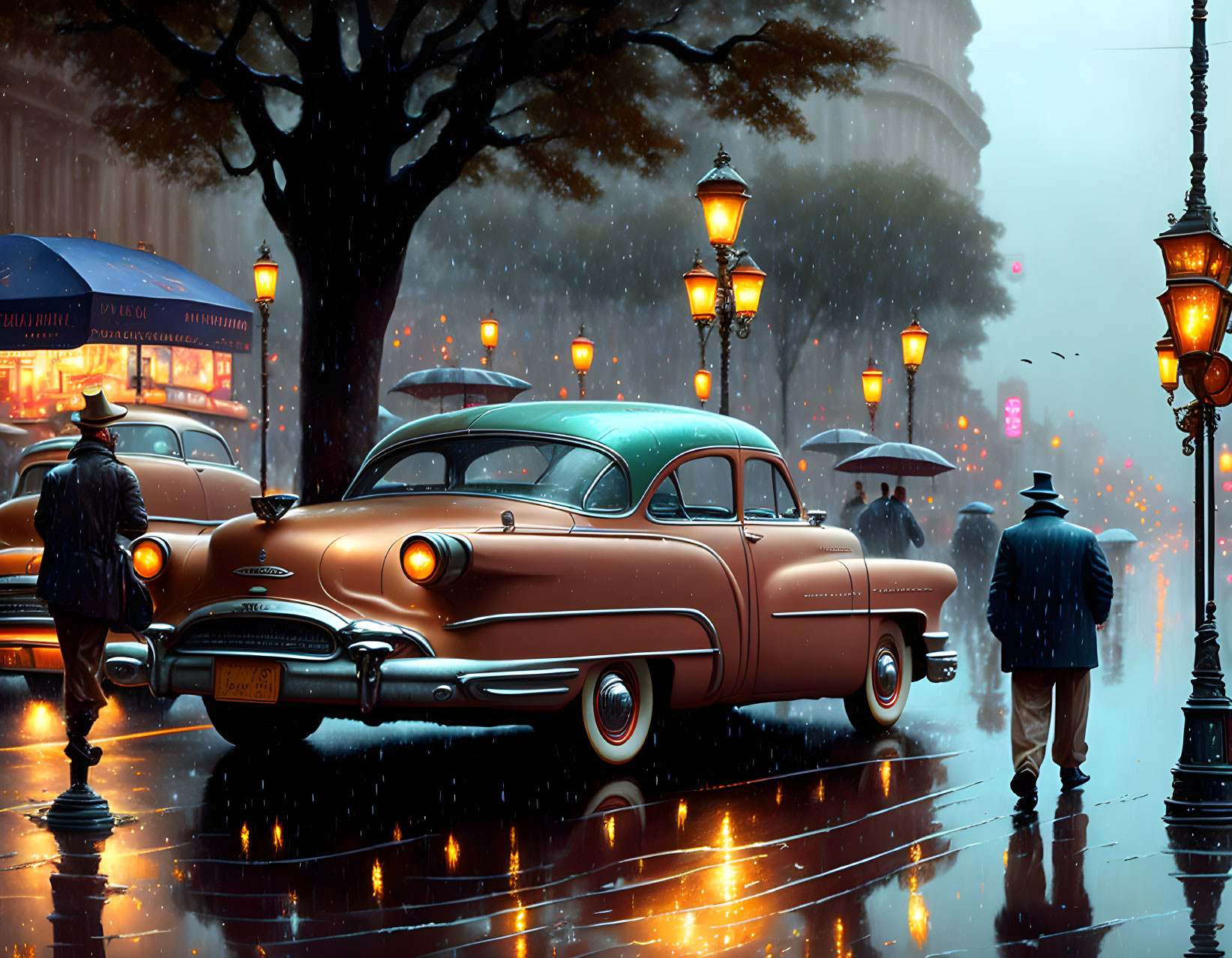 Vintage Car on Rainy Street with Lit Street Lamps and Umbrella People