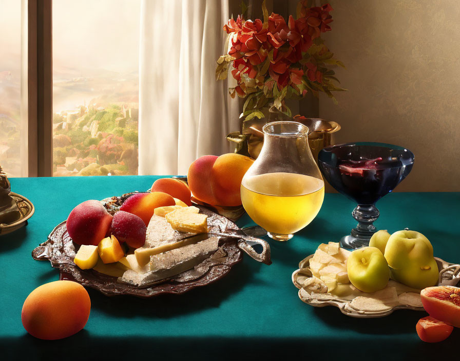 Fruit, Cheese, and Jug Still Life Composition on Table