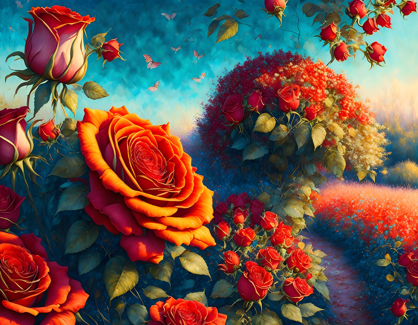 Fantastical garden scene with oversized red roses and butterflies in serene atmosphere