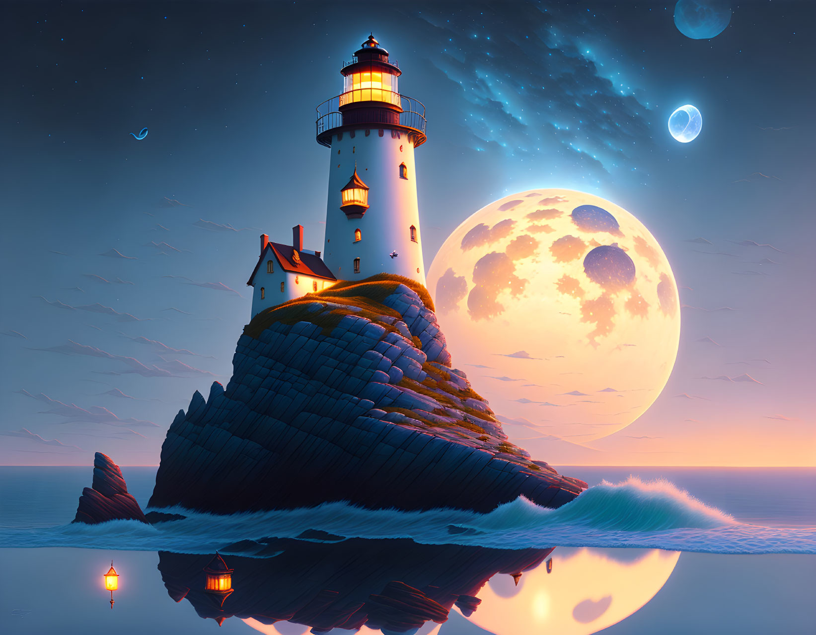 Tranquil night scene: lighthouse on rocky island, starry sky, moon, planets,