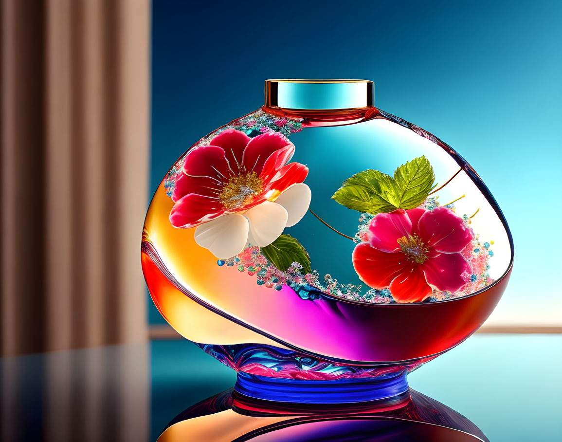 Colorful Round Perfume Bottle with Blue-Purple Gradient and Red-White Flower Bouquet