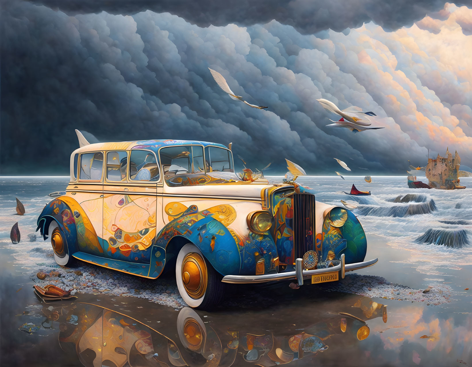 Vintage car with intricate designs on beach with stormy sea and lighthouse.