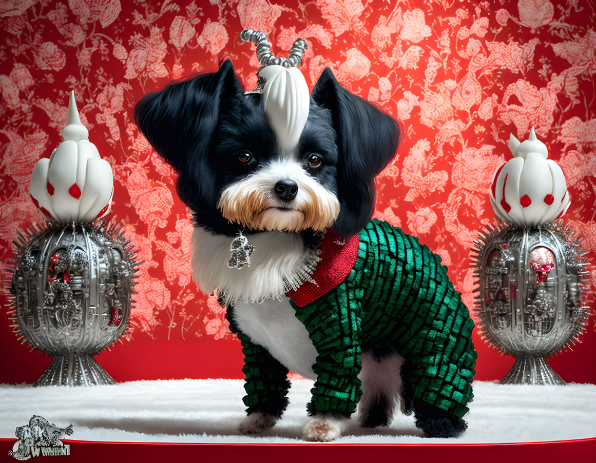 Black and White Dog in Green Sweater with Silver Candles on Red Background