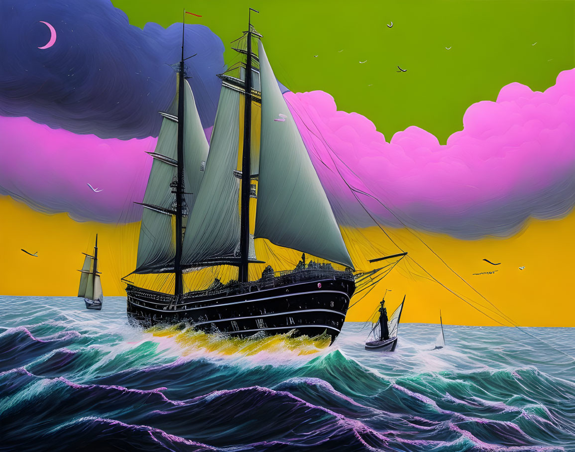 Dark ship with full sails on colorful sea, surrounded by smaller boats under purple and yellow sky.