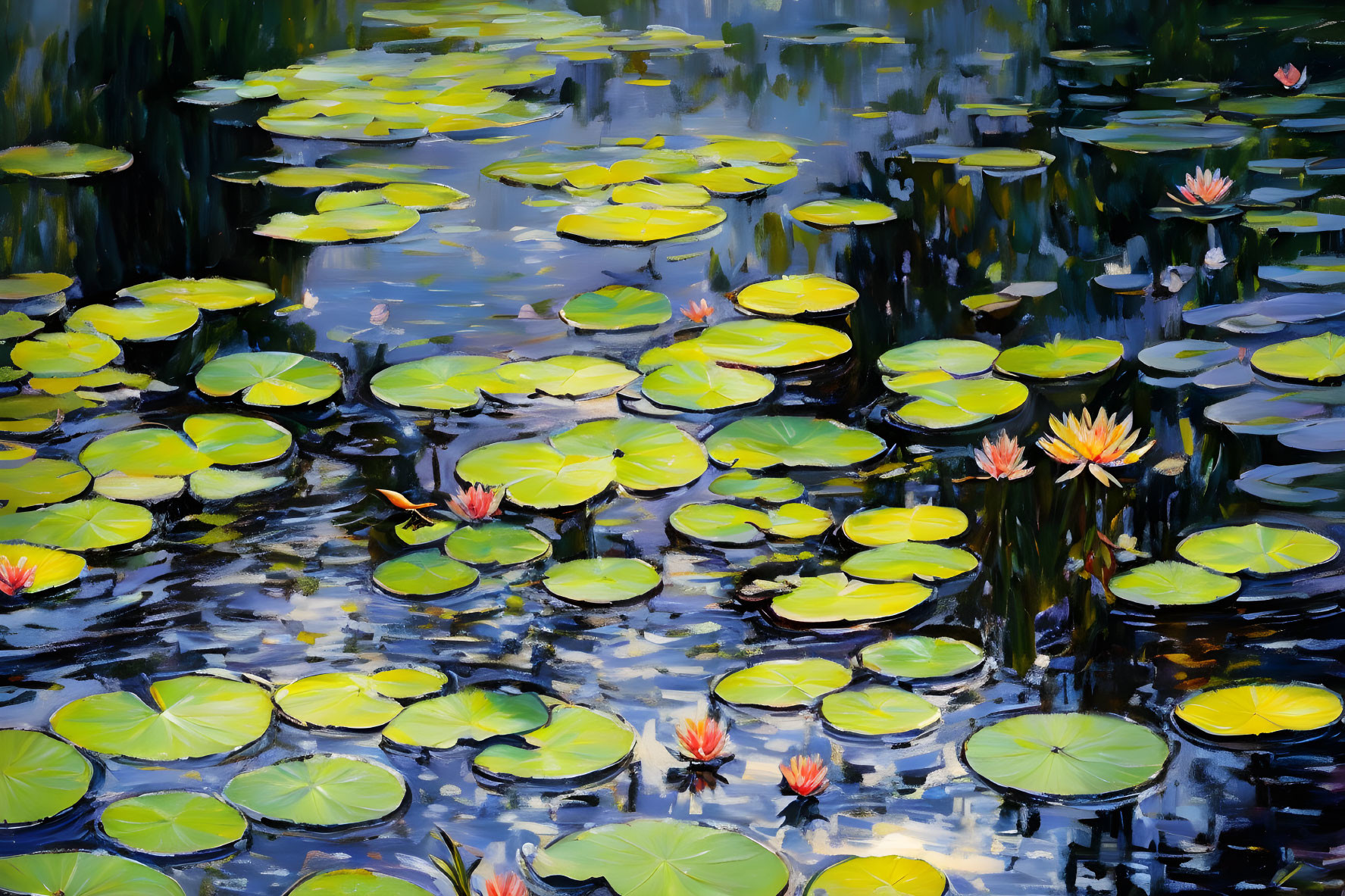 Tranquil pond with green lily pads and colorful water lilies under soft light