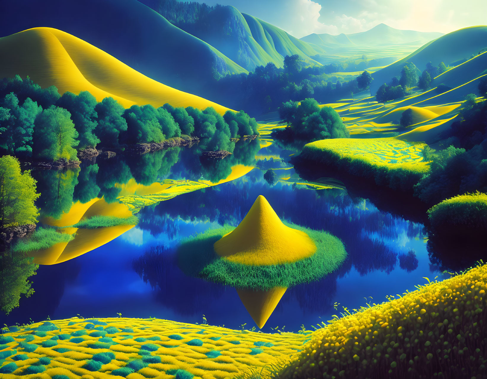 Golden hills, calm lake, lush greenery, blue sky: Vibrant landscape scenery