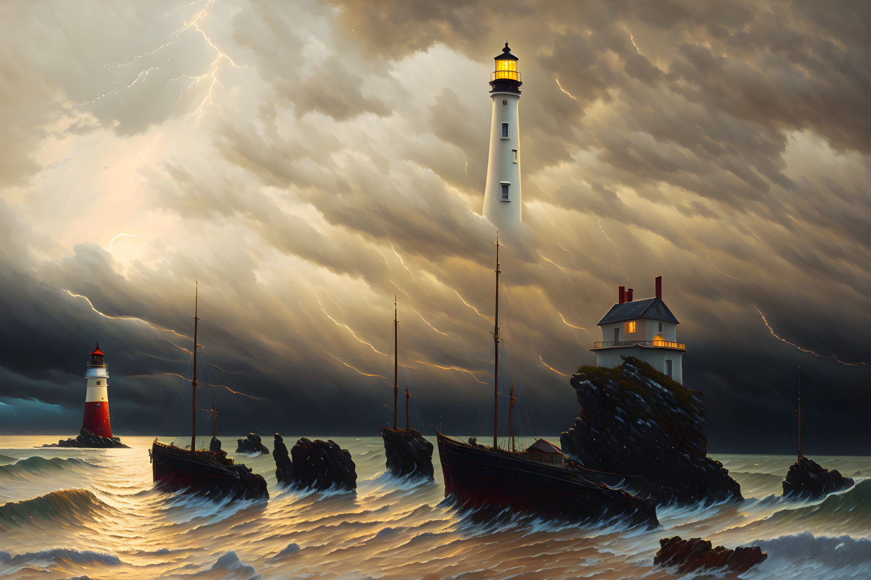 Stormy Seascape with Lightning, Lighthouses, and Ships