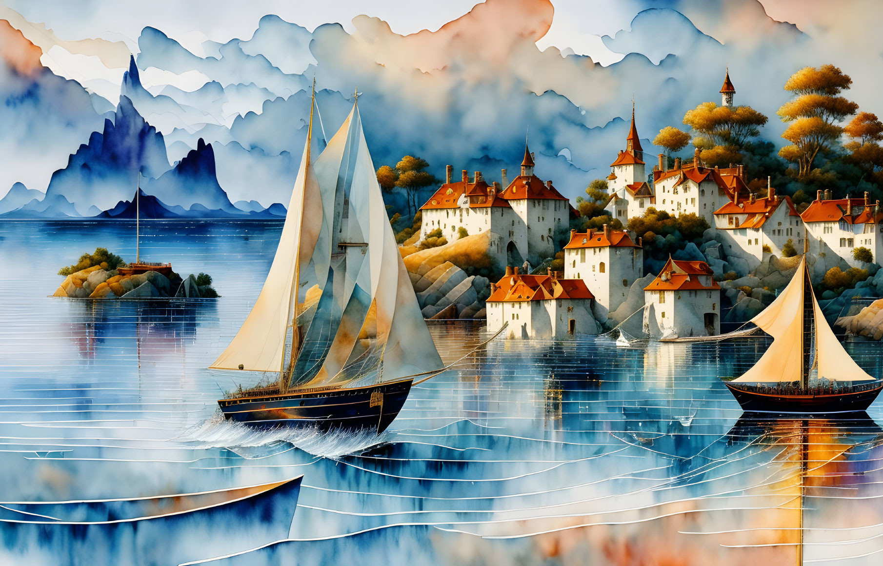 Tranquil water scene with sailing boats and coastal village