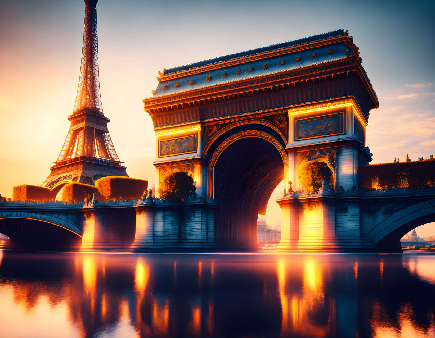 Iconic Paris landmarks at sunset by serene river