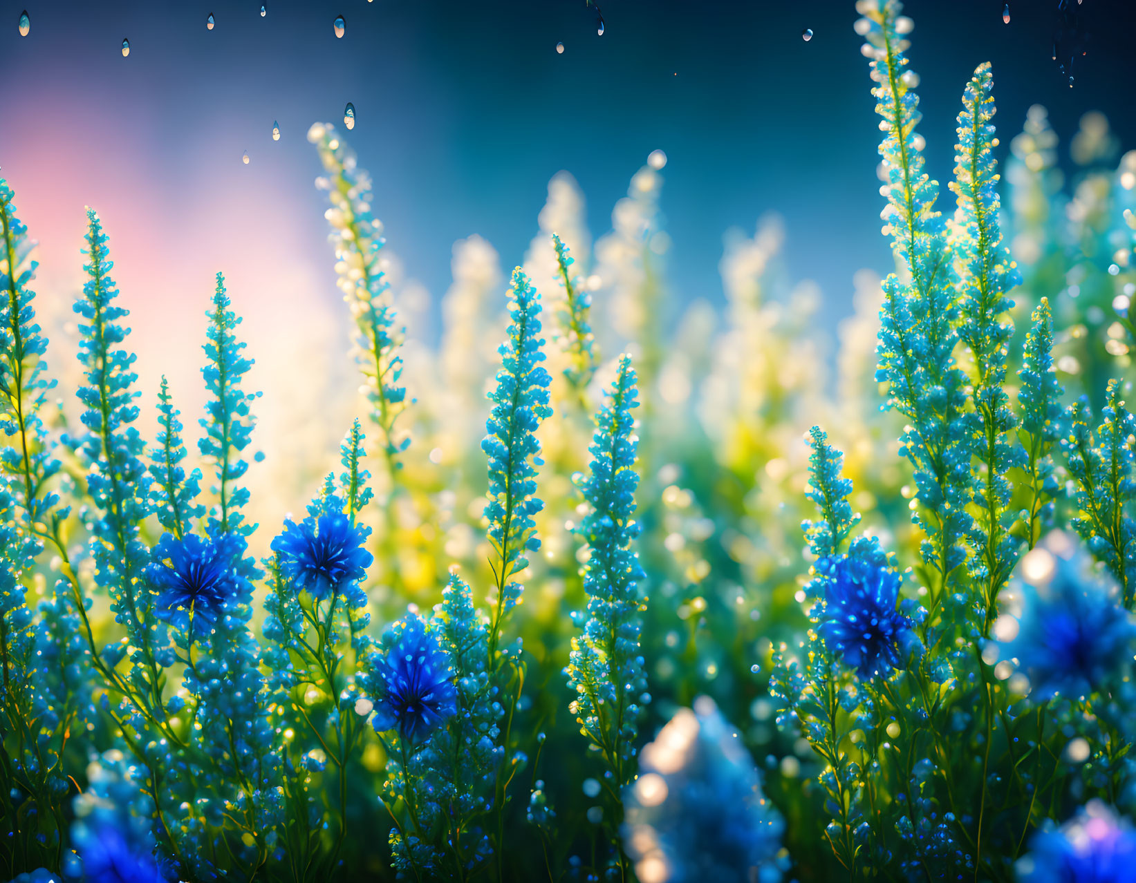 Vibrant Blue and Green Flower Field with Dew Drops and Soft Light