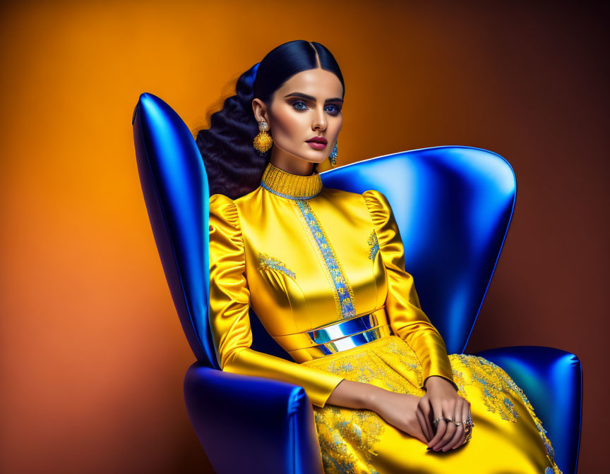 Woman in Bright Yellow Dress with Blue Accents Sitting in Blue Chair on Warm Orange Background