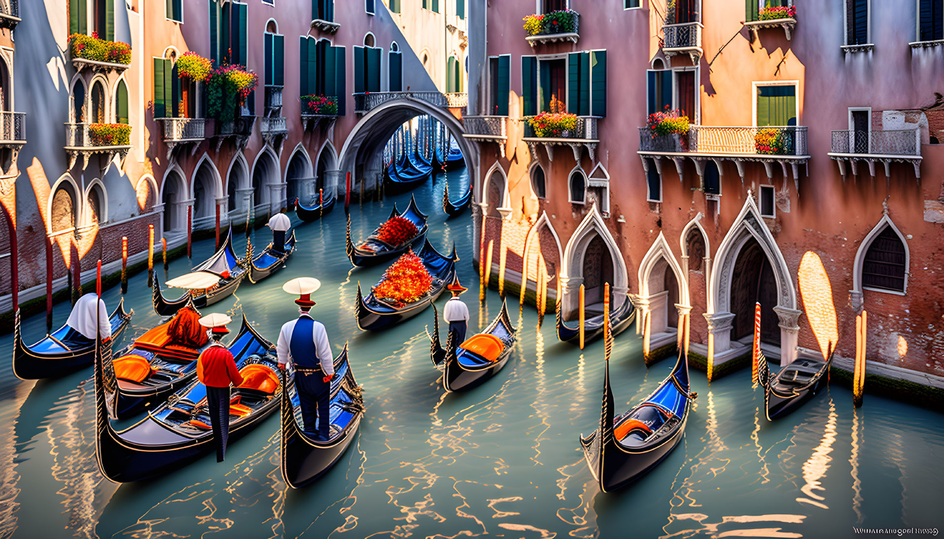 Venetian canal with gondoliers, historic buildings, and arched bridges