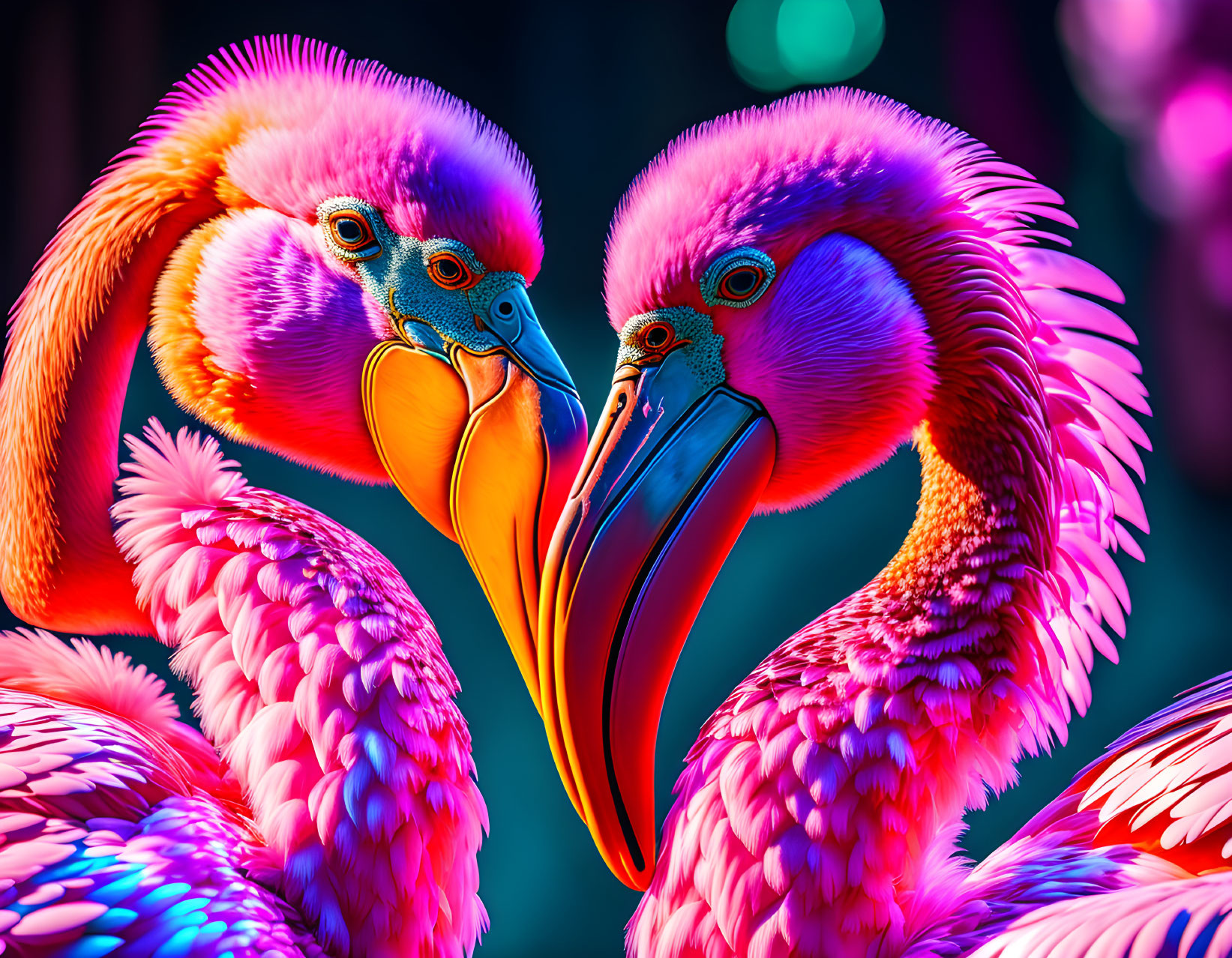 Neon pink and blue flamingos with textured plumage and curved beaks