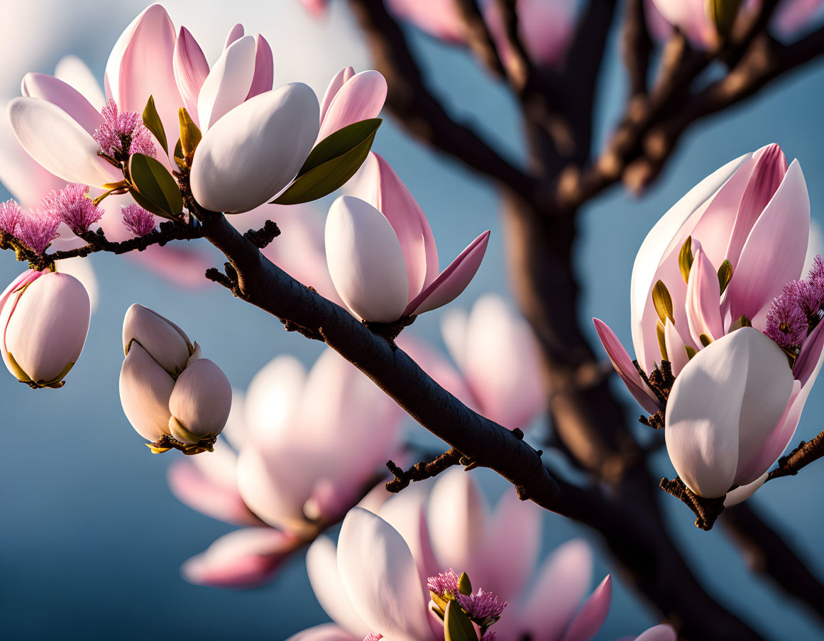 Pink and White Magnolia Blossoms on Branch with Soft Blue Background