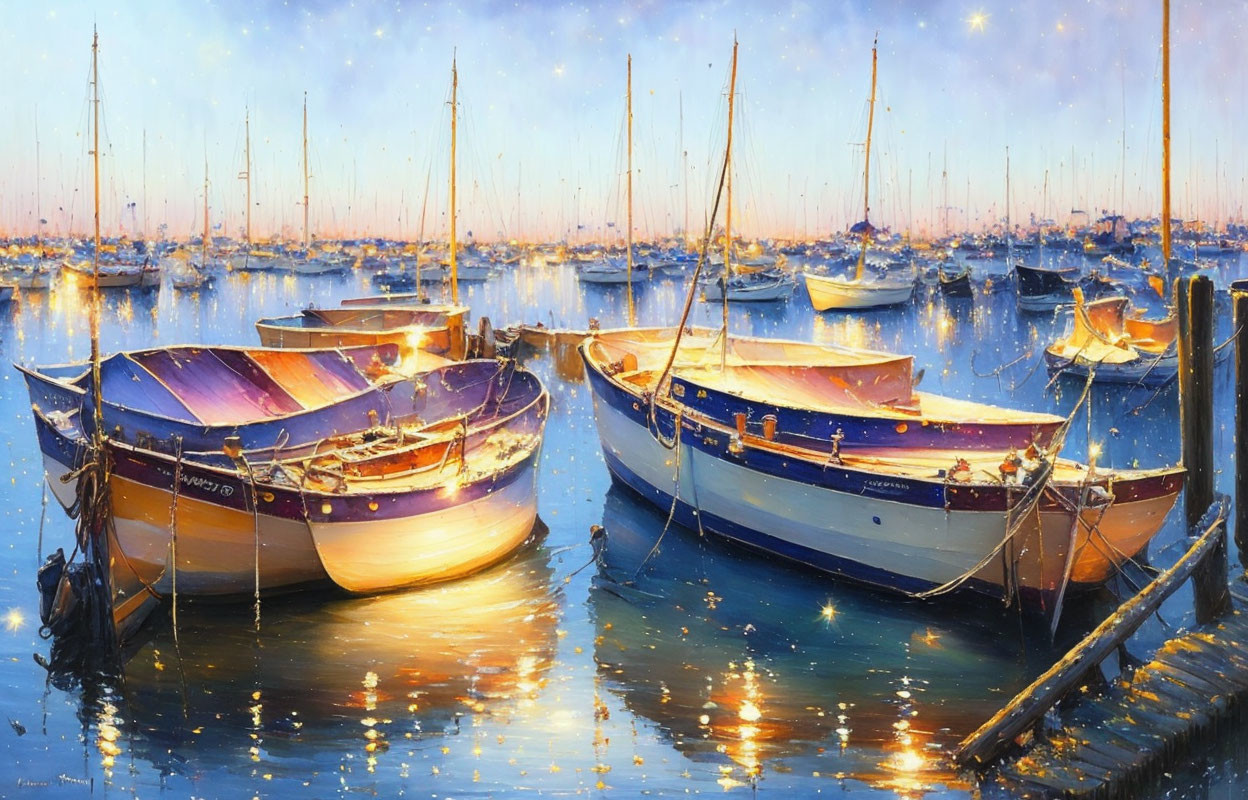 Boats Moored in Serene Harbor Under Starlit Sky