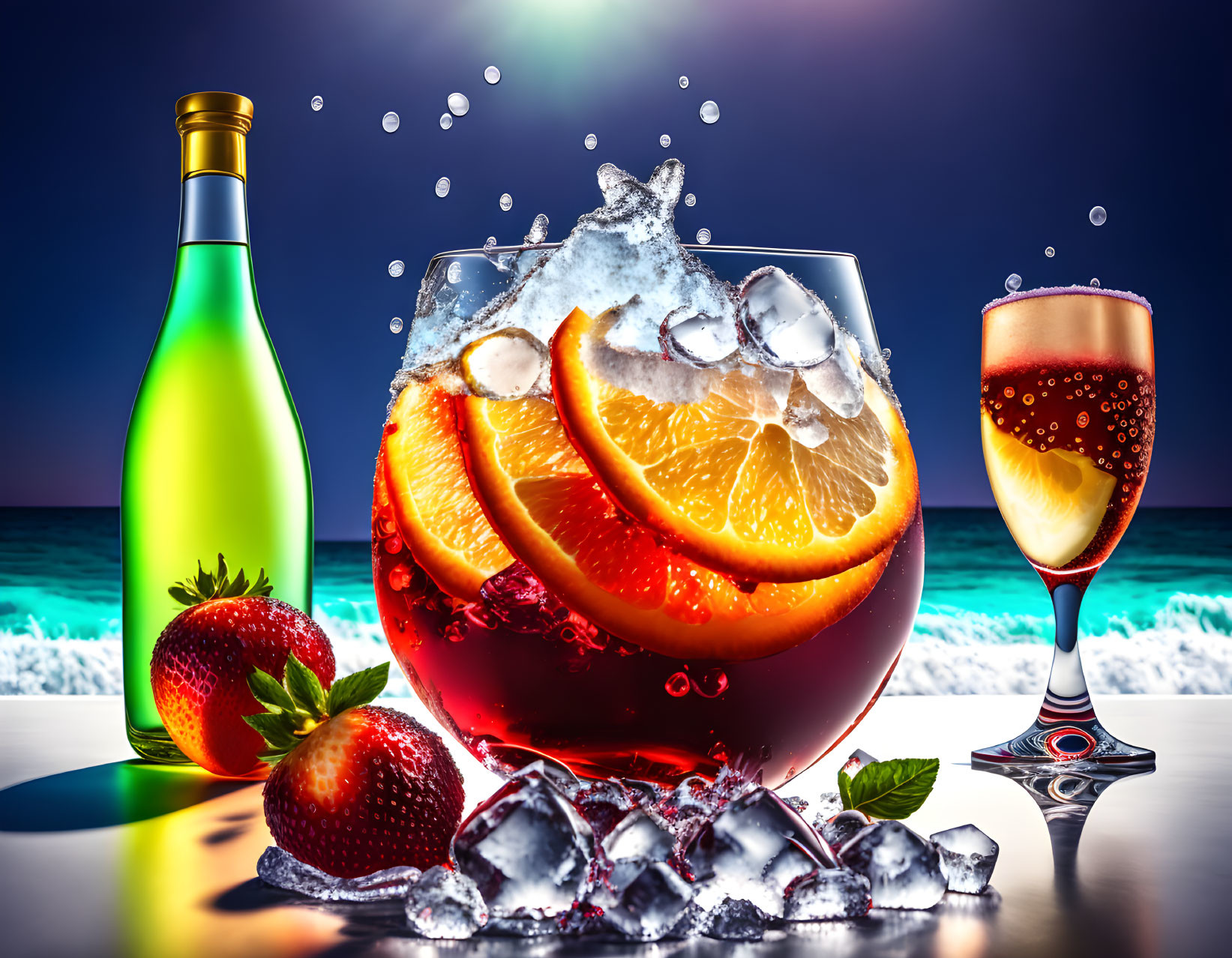 Colorful Beach Drink Scene with Fruits and Ice in Stemmed Glasses