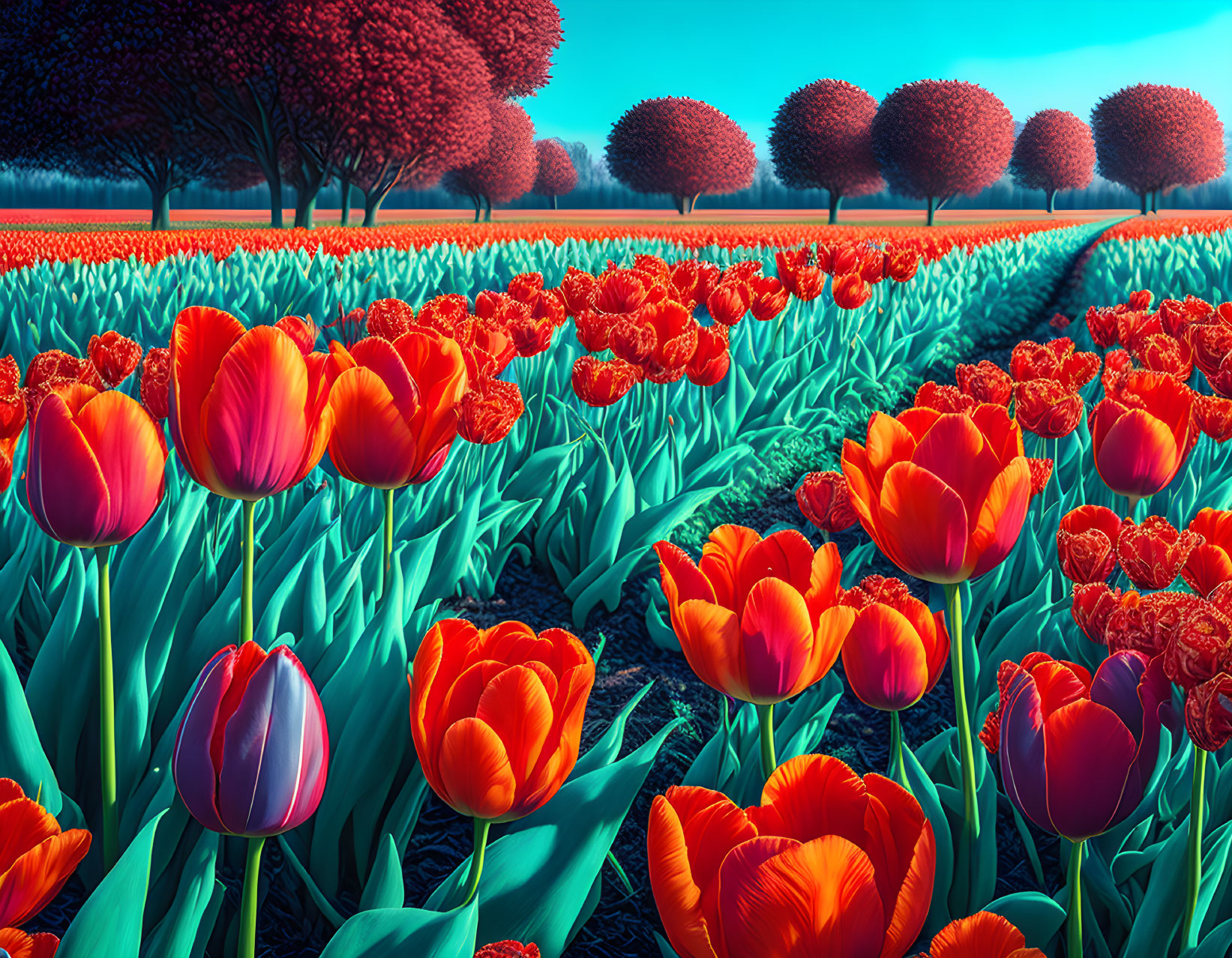 Lush red tulip field under blue sky and red foliage trees