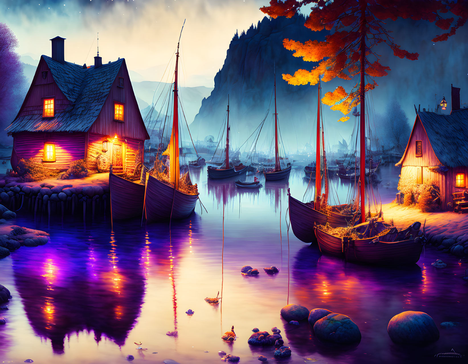 Coastal village at twilight with illuminated houses, sailboats, purple water, autumn trees, and