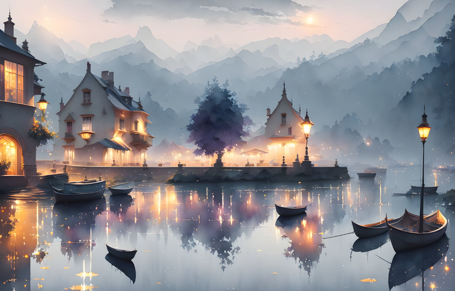 Scenic Twilight Village by Calm Lake with Glowing Lamps