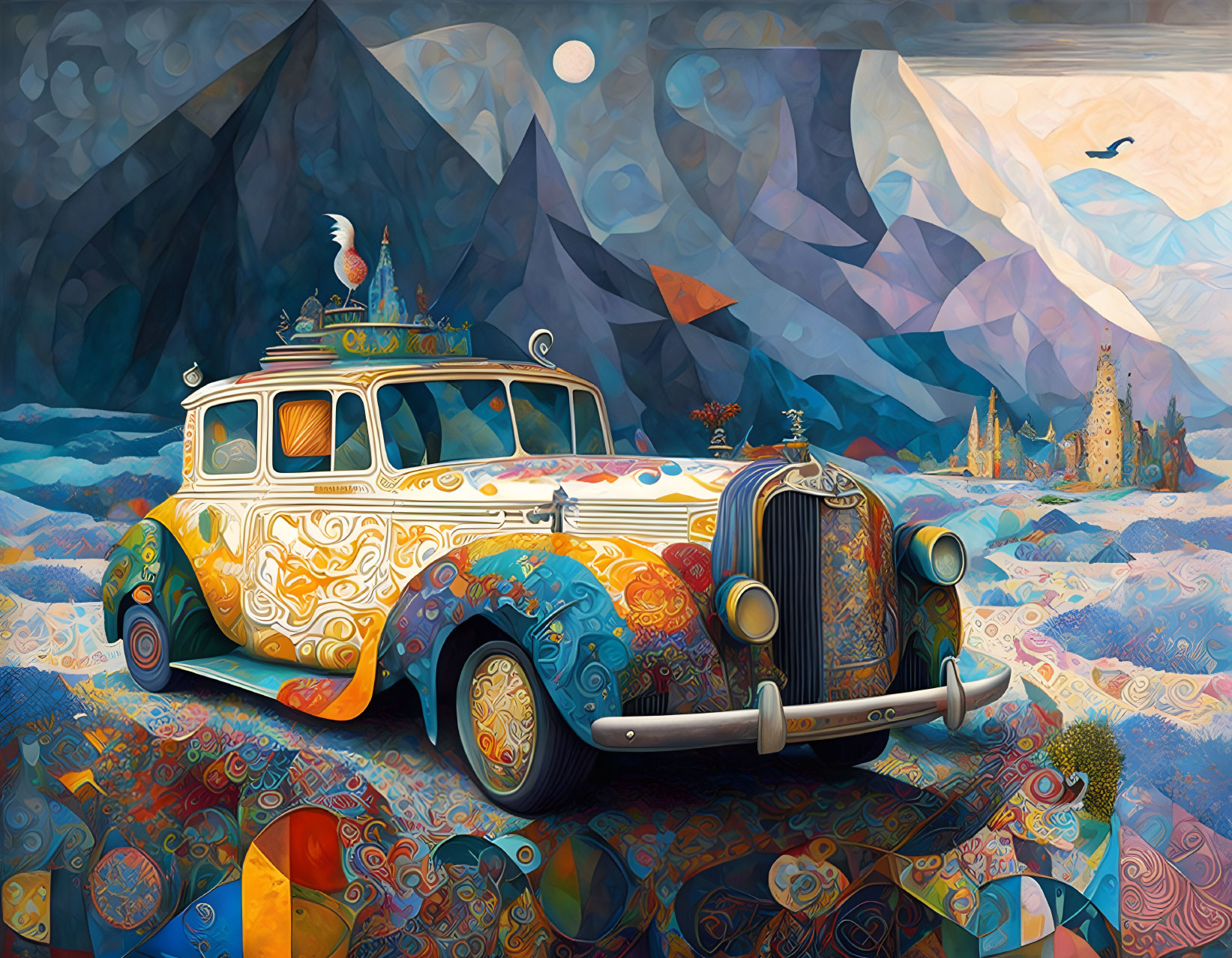 Colorful vintage car in geometric landscape with mountains, castle, and bird.