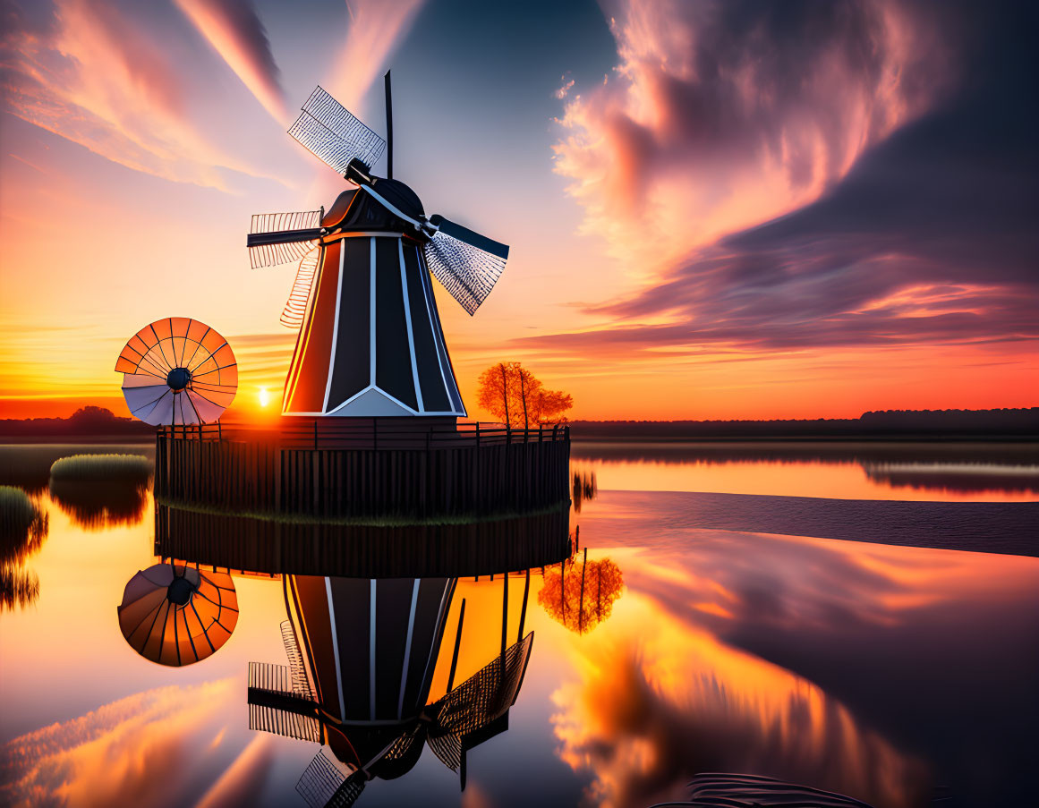 Tranquil lakeside sunrise with traditional windmill and colorful sky