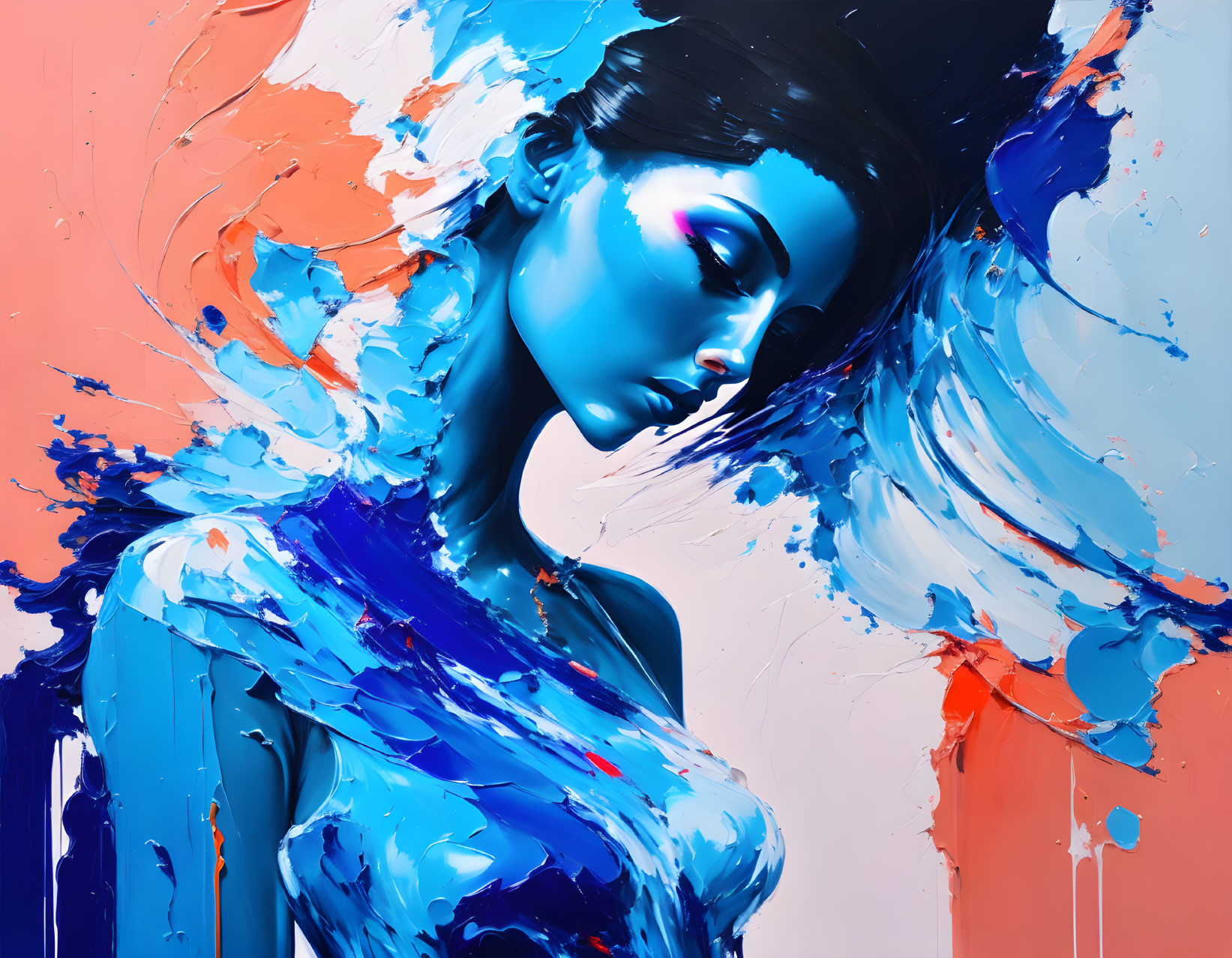 Colorful painting of a woman with blue skin and dynamic paint splashes